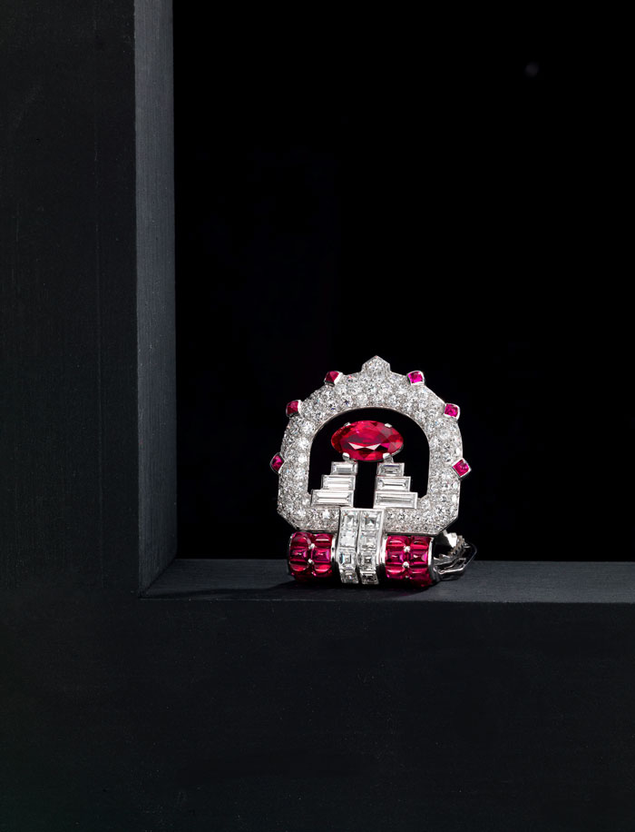 Cartier diamond and ruby brooch on auction by Bonhams New York