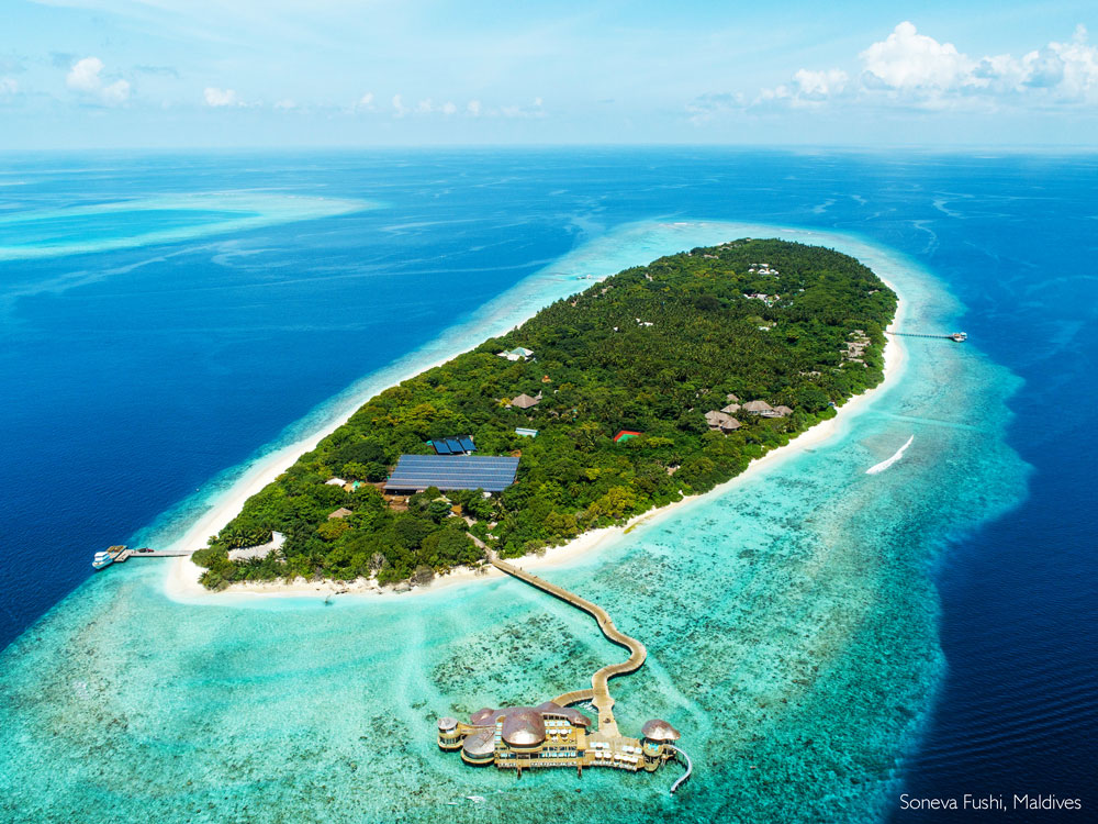Soneva Fushi Maldives aerial view