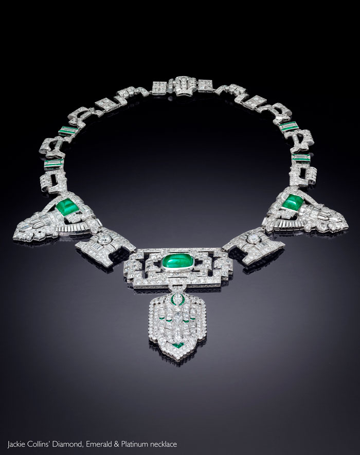 Jackie Collins' diamond, emerald and platinum necklace